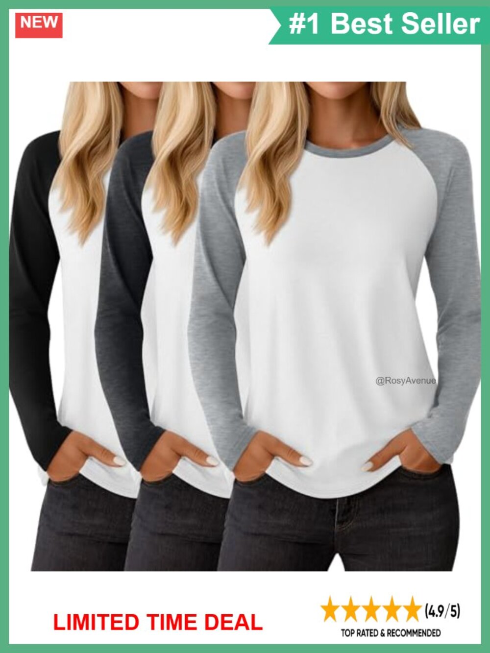 Raglan Long Sleeve Tees Baseball Shirts Women 3 Pack Crew Neck Casual Tops